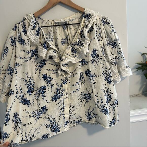 THE GREAT. White Blue Cotton Floral Lace Short Sleeve Victorian Top Blouse 3 L - Picture 10 of 12